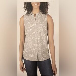 Ecothreads Women’s Button Up Blouse Sleeveless Linen Top size Large green floral